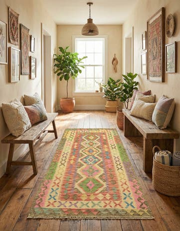 3' 4 x 6' 4 Hand Woven Kilim Maymana Wool Runner Rug