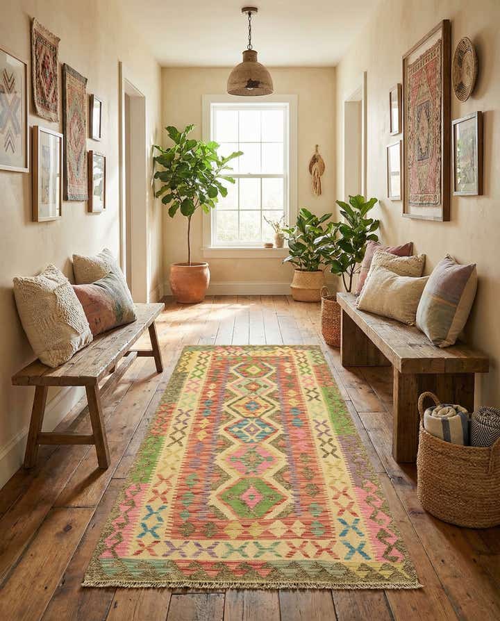 3' 4 x 6' 4 Hand Woven Kilim Maymana Wool Runner Rug