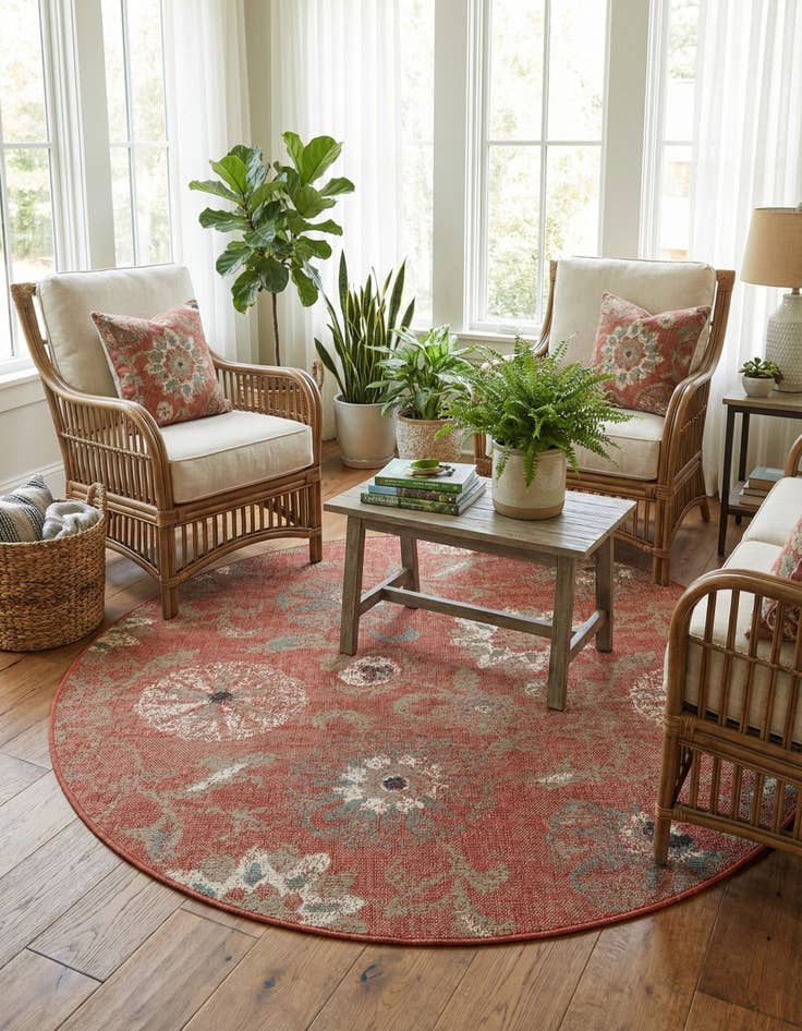 Detail image of  6' x 6'  Washable Botanical Indoor / Outdoor Round Rug
