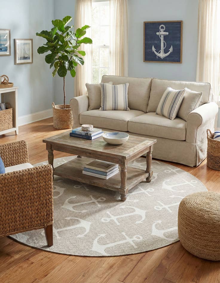 Detail image of 7' 10 x 7' 10  Washable Coastal Indoor / Outdoor Round Rug