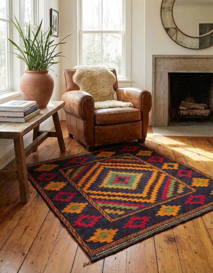 Detail image of  3' 10 x 4'  Hand Knotted Kilim Fars Persian Wool Square Rug