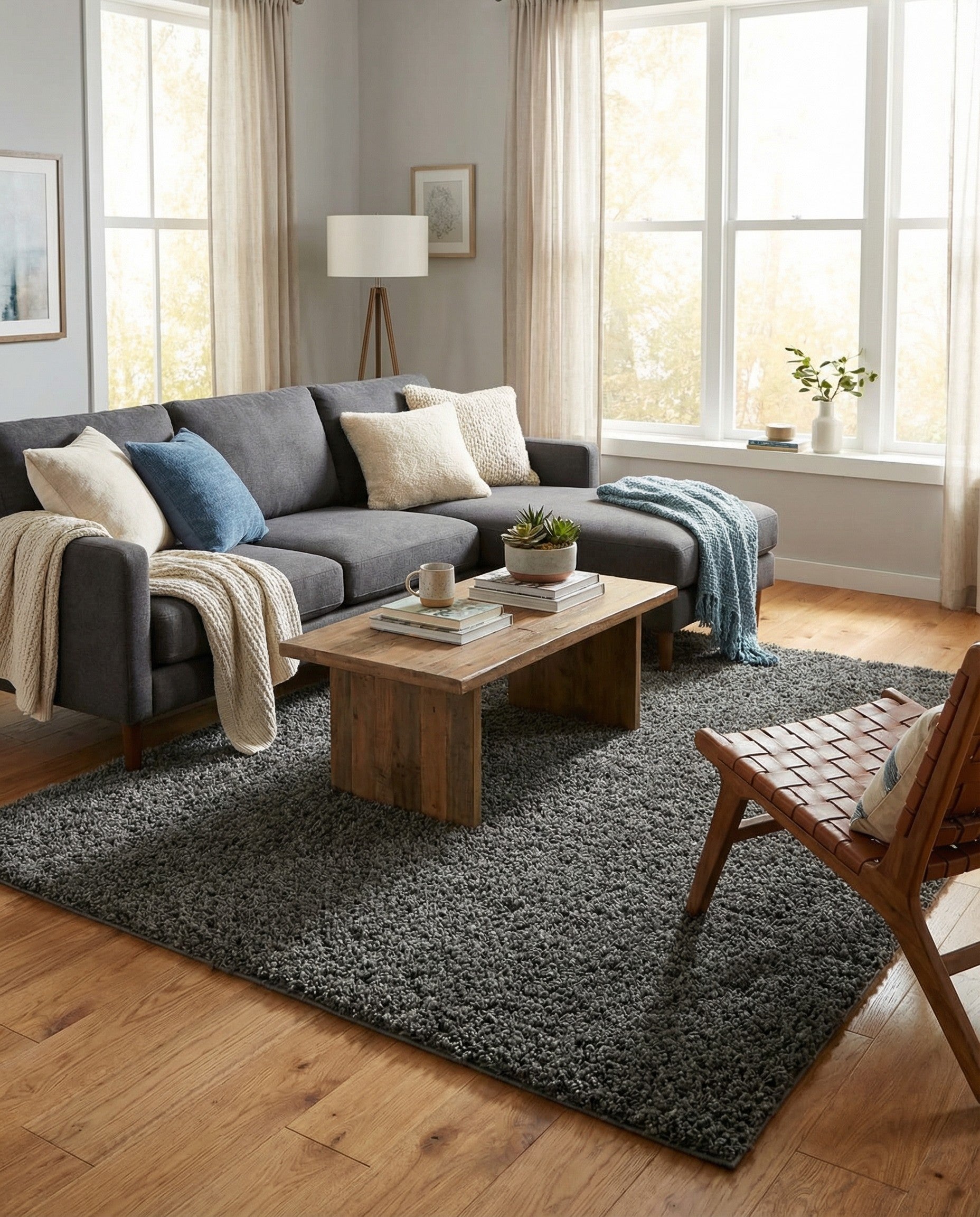 A close-up, top-down view of a dark gray square shag rug, showcasing its soft, textured pile.
