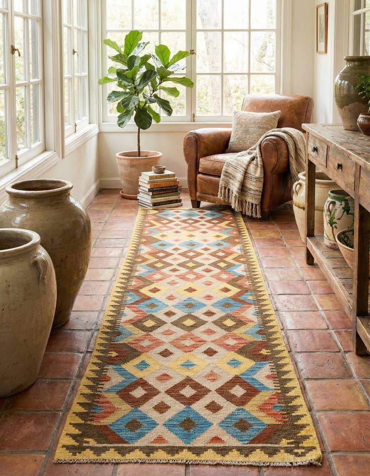 Detail image of 2' 6 x 9' 6  Hand Woven Kilim Maymana Wool Runner Rug