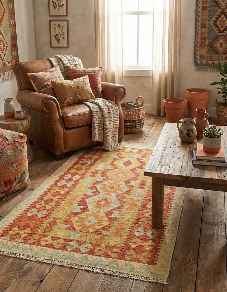 Detail image of  2' 8 x 4' 9  Hand Woven Kilim Waziri Wool Rug