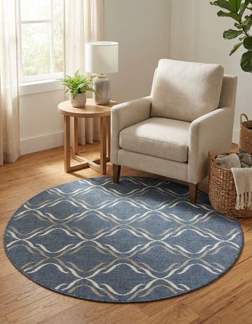 Navy Blue Easy-Clean Lattice Indoor / Outdoor Round Rug