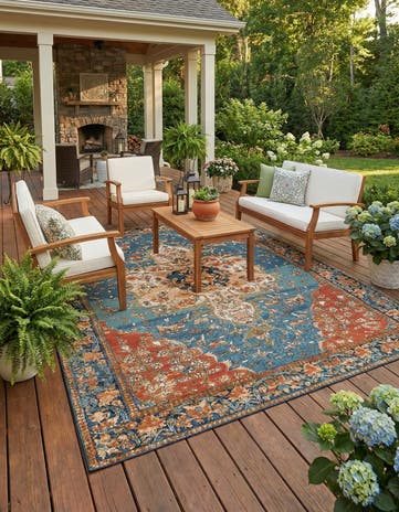 Navy Blue and Rust Red Easy-Clean Traditional Indoor / Outdoor Rug