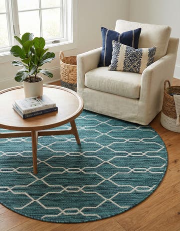 Teal Easy-Clean Lattice Indoor / Outdoor Round Rug