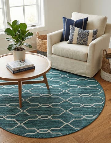 Teal Easy-Clean Lattice Indoor / Outdoor Round Rug