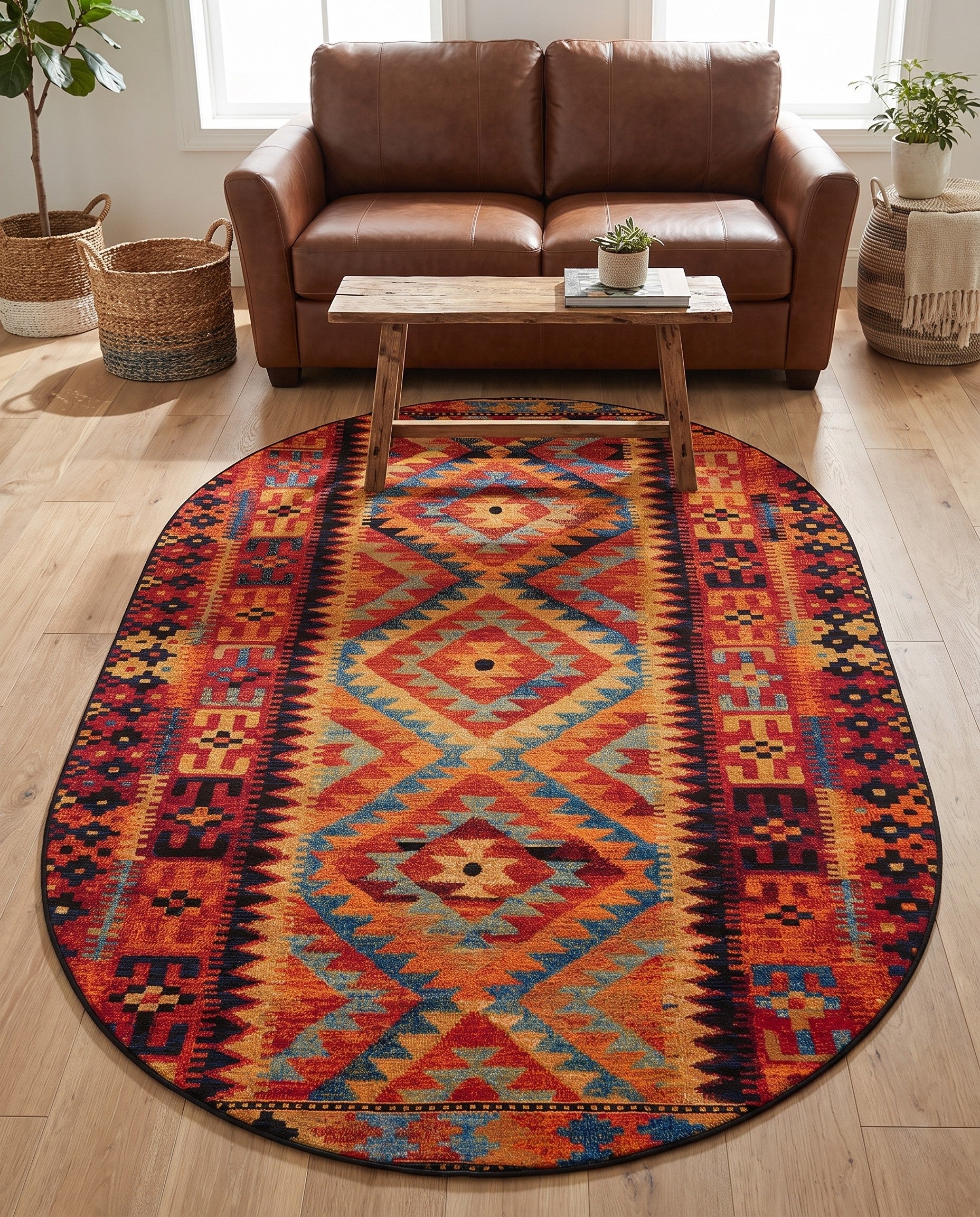 5' 3 x 8' Easy-Clean Tribal Indoor / Outdoor Oval Rug