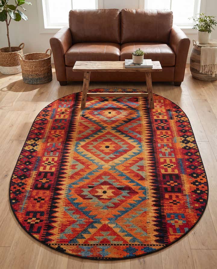 5' 3 x 8' Easy-Clean Tribal Indoor / Outdoor Oval Rug