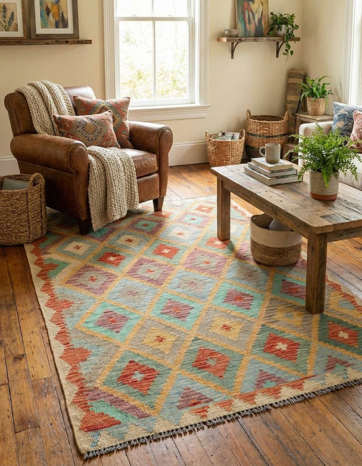 Detail image of 4' 1 x 5' 9  Hand Woven Kilim Maymana Wool Rug