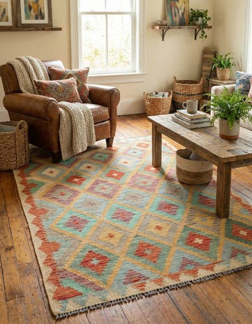 4' 1 x 5' 9 Hand Woven Kilim Maymana Wool Rug