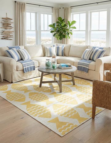 Yellow Easy-Clean Coastal Indoor / Outdoor Square Rug
