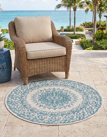 Aqua Easy-Clean Traditional Indoor / Outdoor Round Rug