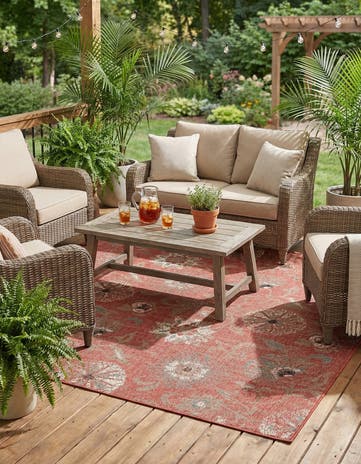 Terracotta Easy-Clean Botanical Indoor / Outdoor Square Rug