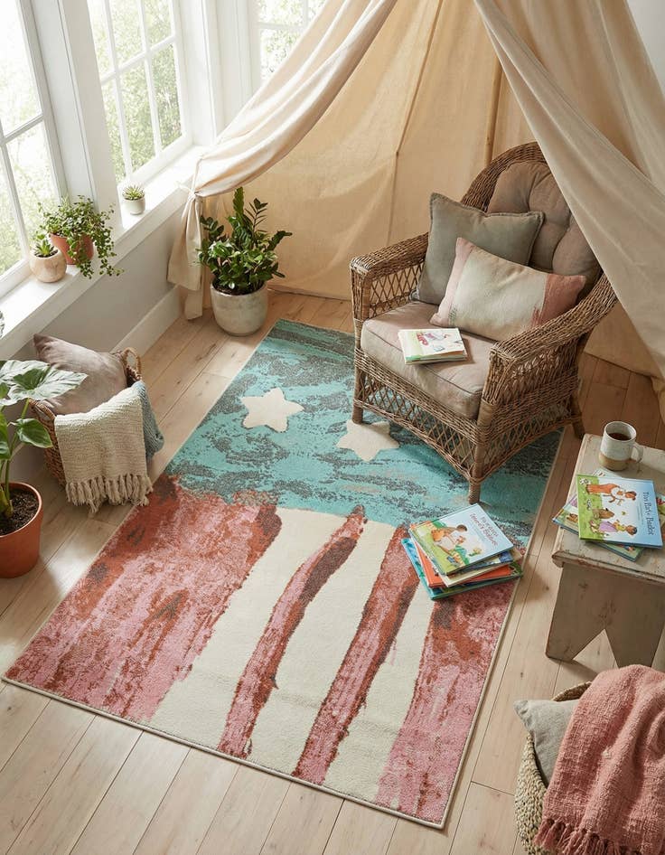 Detail image of 5' 3 x 8' American Flag Whimsy Kids Rug