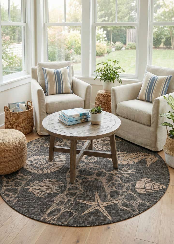 5' 3 x 5' 3 Easy-Clean Coastal Indoor / Outdoor Round Rug