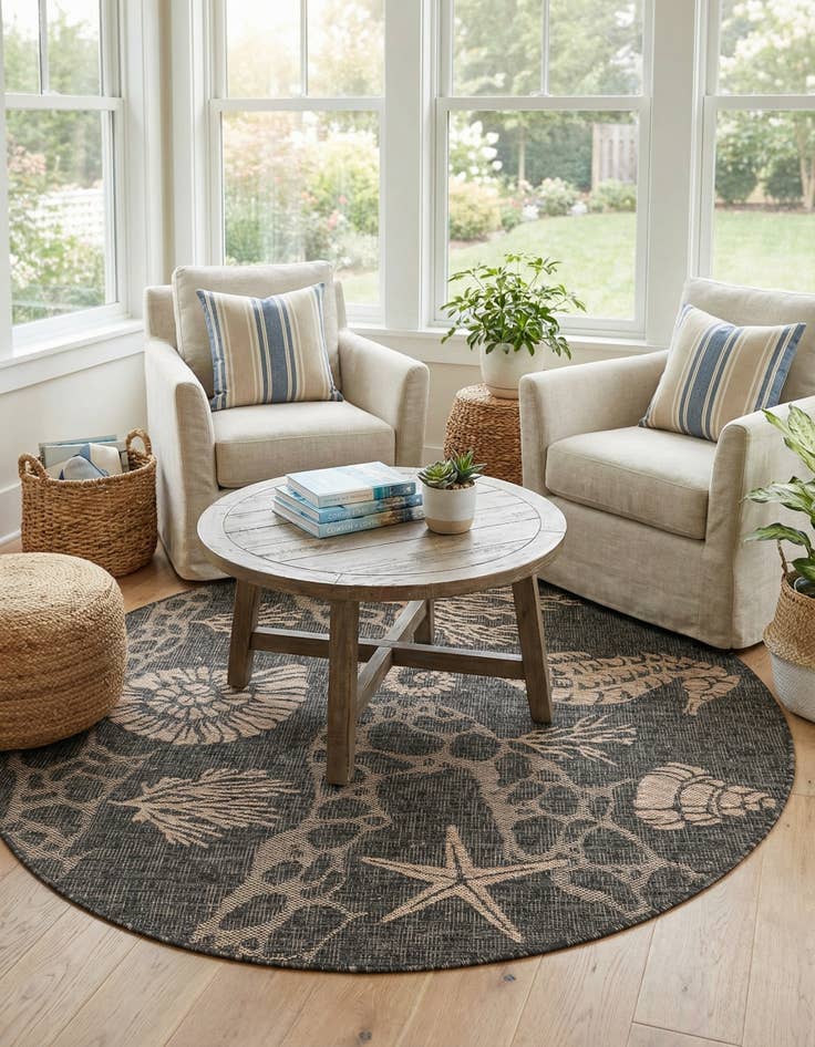 Detail image of 5' 3 x 5' 3  Washable Coastal Indoor / Outdoor Round Rug