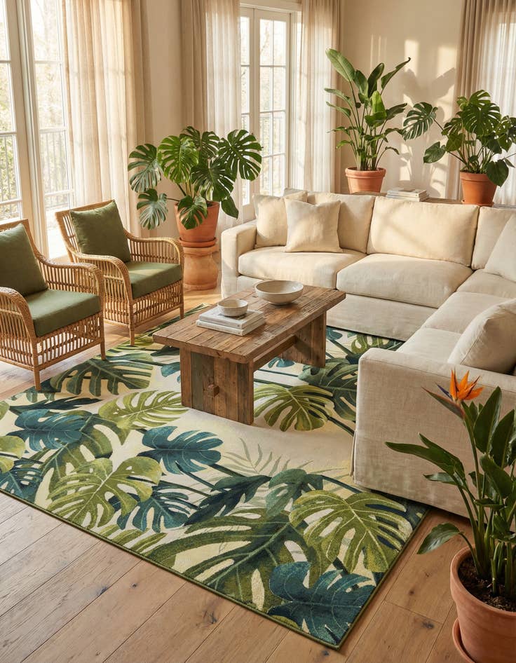 Detail image of 10' x 10'  Washable Botanical Indoor / Outdoor Square Rug