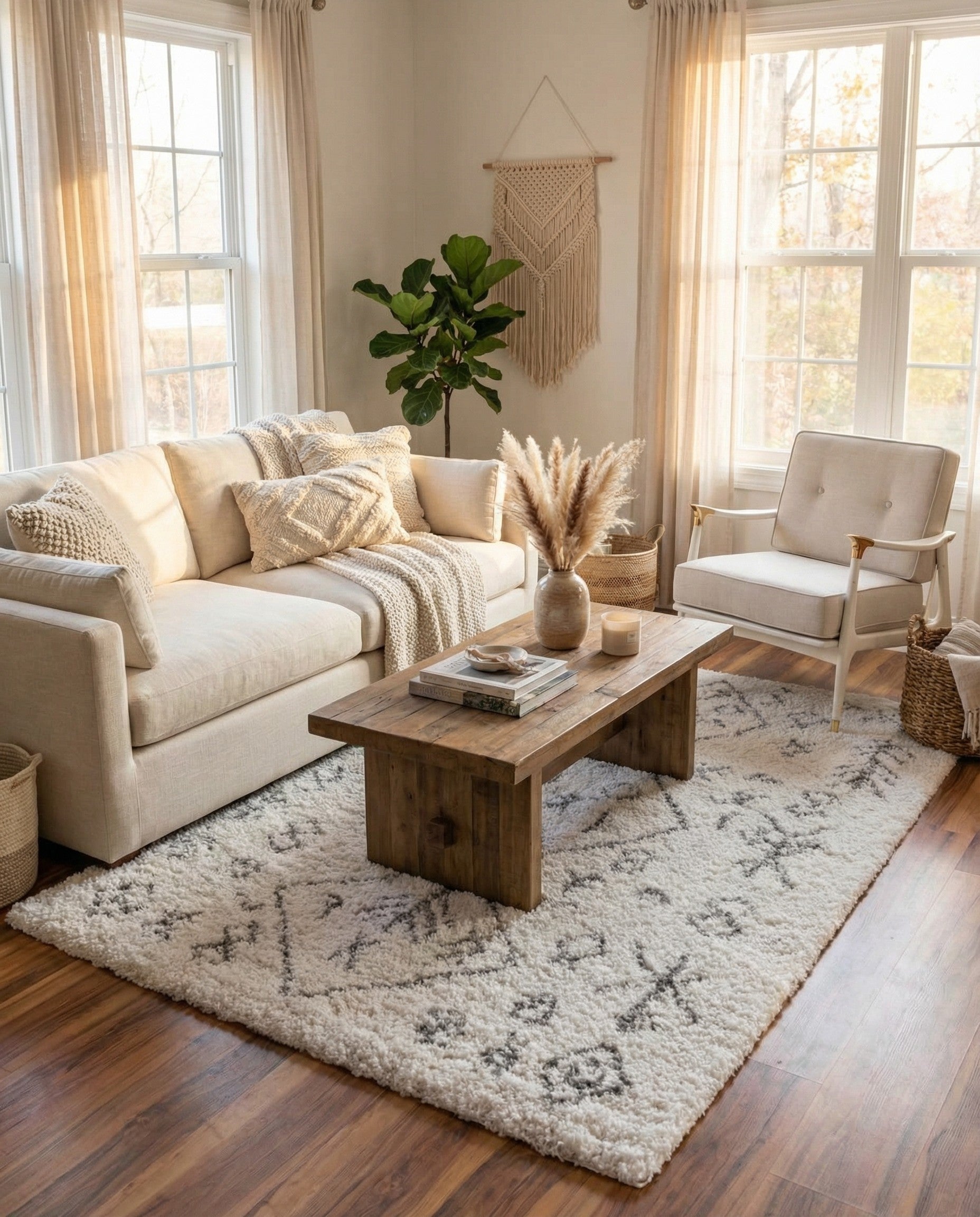 A 4x6 rectangular ivory shag rug with a modern tribal pattern in charcoal gray, featuring abstract symbols and diamonds.