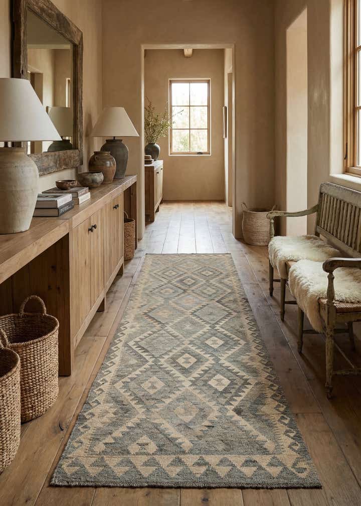 2' 9 x 9' 9 Hand Woven Kilim Maymana Wool Runner Rug
