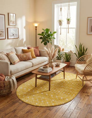 Yellow Moroccan Trellis Oval Rug
