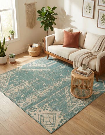 Light Aqua Easy-Clean Bohemian Indoor / Outdoor Square Rug