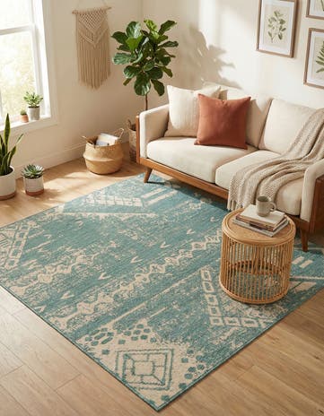 Light Aqua Easy-Clean Bohemian Indoor / Outdoor Square Rug