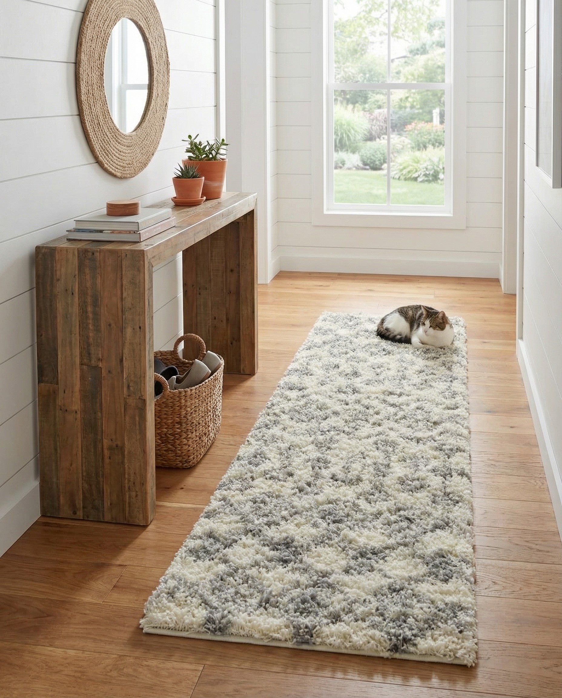 A 7 ft runner rug in ivory and gray with a tribal trellis pattern, featuring a soft shag pile.