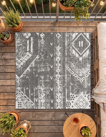 Charcoal Gray Easy-Clean Bohemian Indoor / Outdoor Square Rug