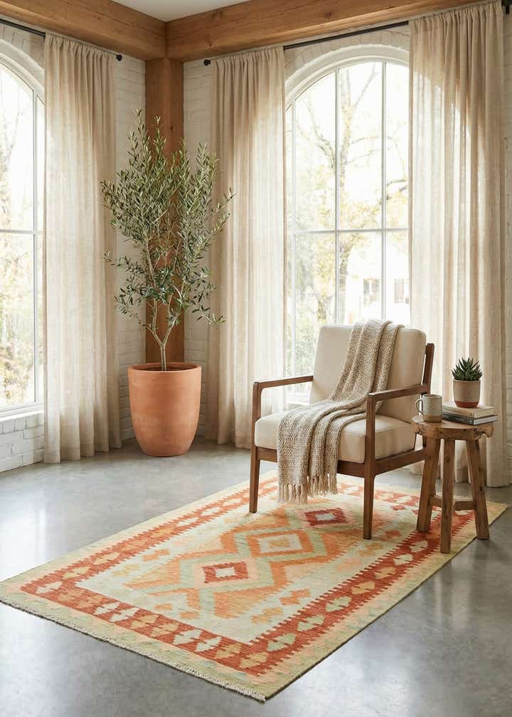 3' 4 x 5' 2 Hand Woven Kilim Waziri Wool Rug