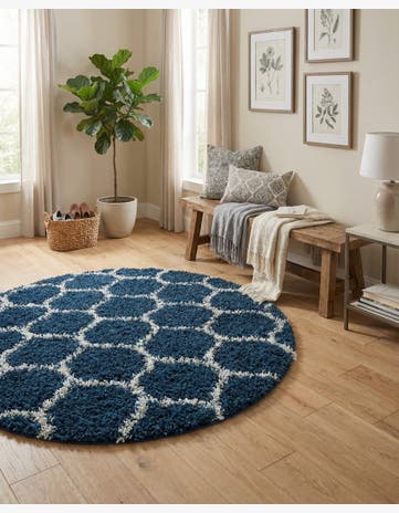 Navy Blue Lattice Shag Round Rug