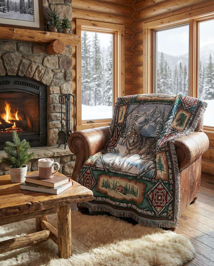 135cm x 185cm Wolf Lodge Throw Blanket