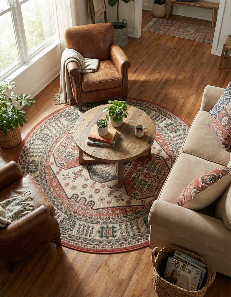 Detail image of 5' x 5' Easy-Clean Traditional Indoor / Outdoor Round Rug