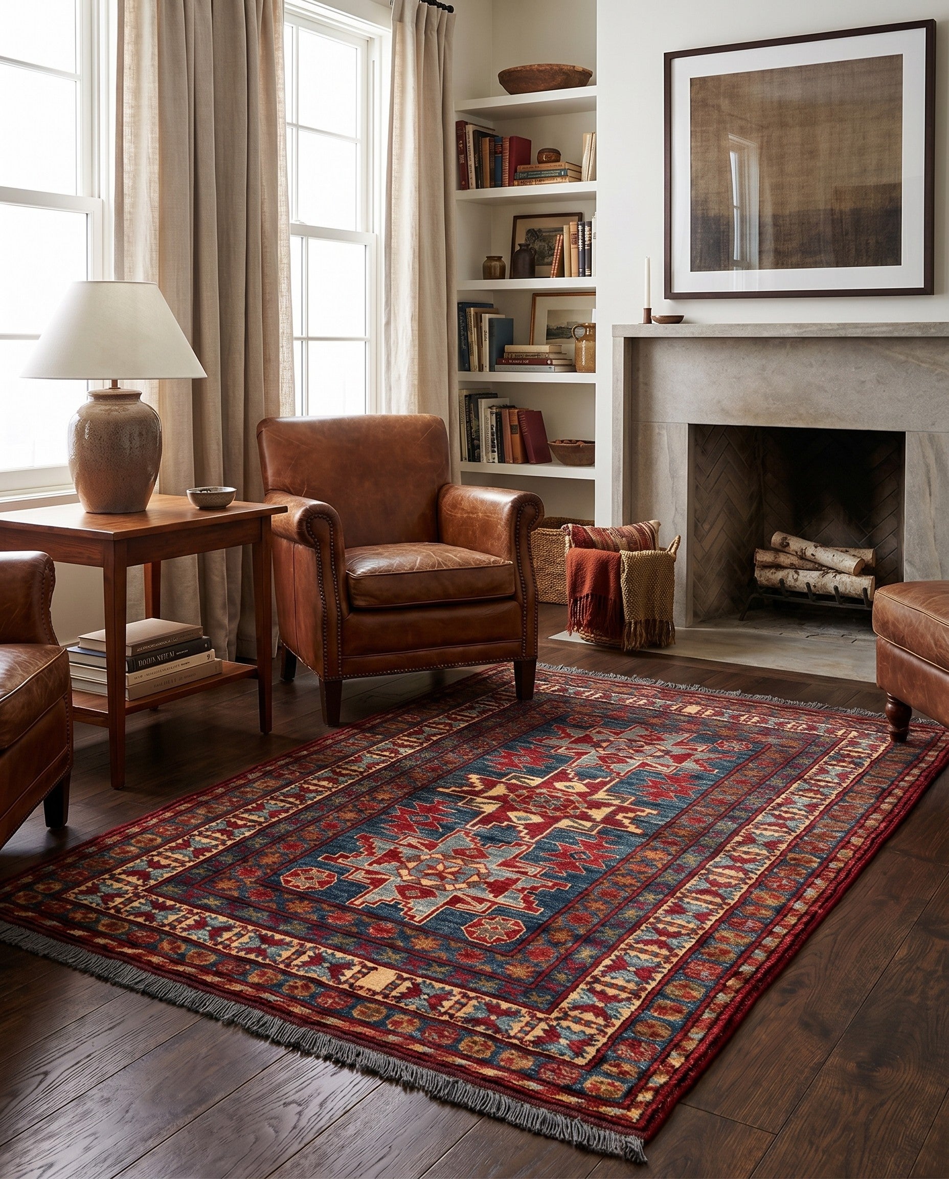 3' 4 x 4' 9 Hand Knotted Kazak Wool Rug
