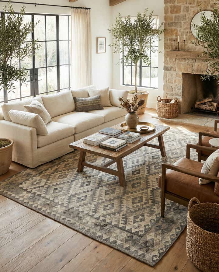 7' x 9' 6 Hand Woven Kilim Maymana Wool Rug