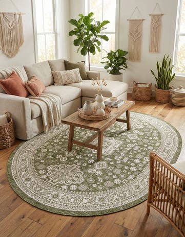 Green Easy-Clean Aztec Indoor / Outdoor Oval Rug