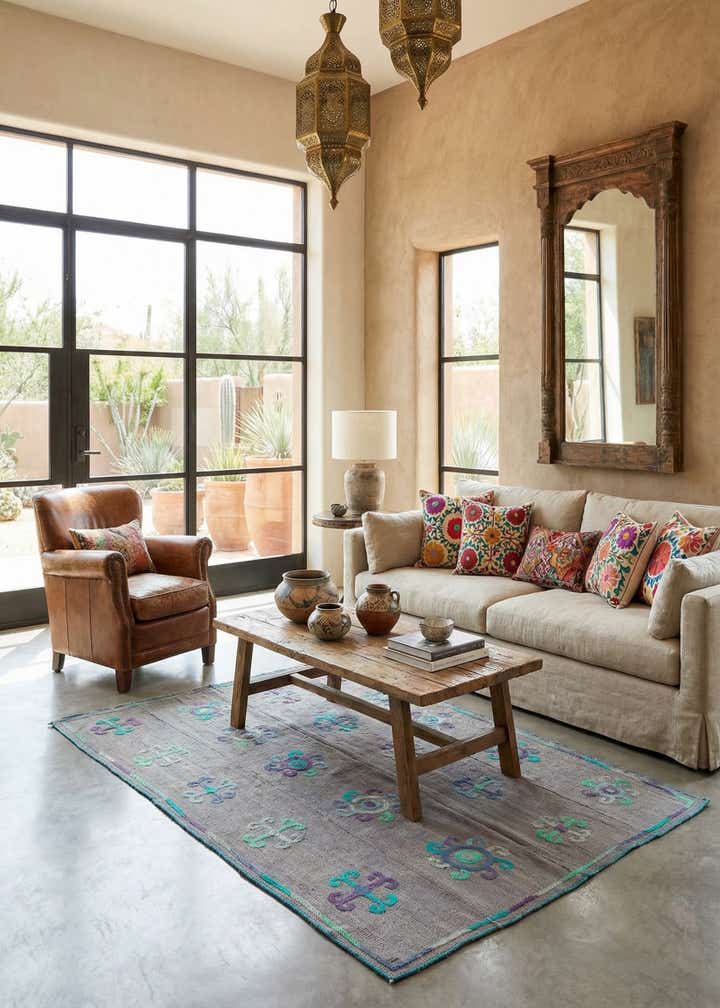4' 3 x 5' 5 Hand Woven Kilim Suzani Wool Rug