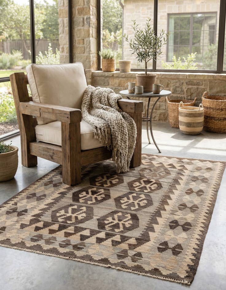 Detail image of  4' 4 x 6'  Hand Woven Kilim Maymana Wool Rug