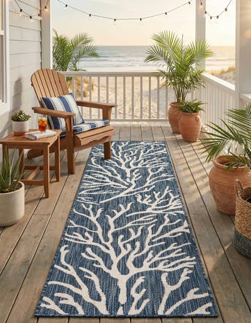 Blue Easy-Clean Coastal Indoor / Outdoor Runner Rug