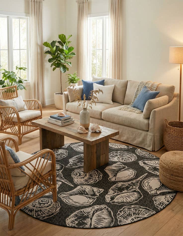 Detail image of 10' x 10'  Washable Coastal Indoor / Outdoor Round Rug