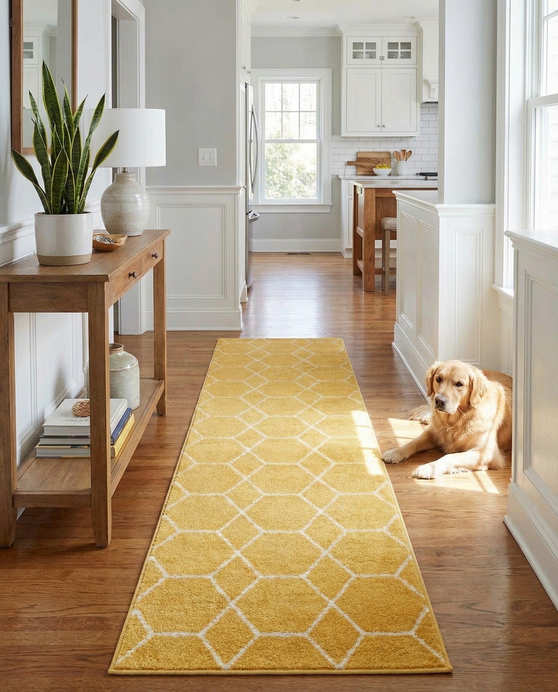 A 10 ft yellow runner rug with a modern white trellis pattern, ideal for a hallway.