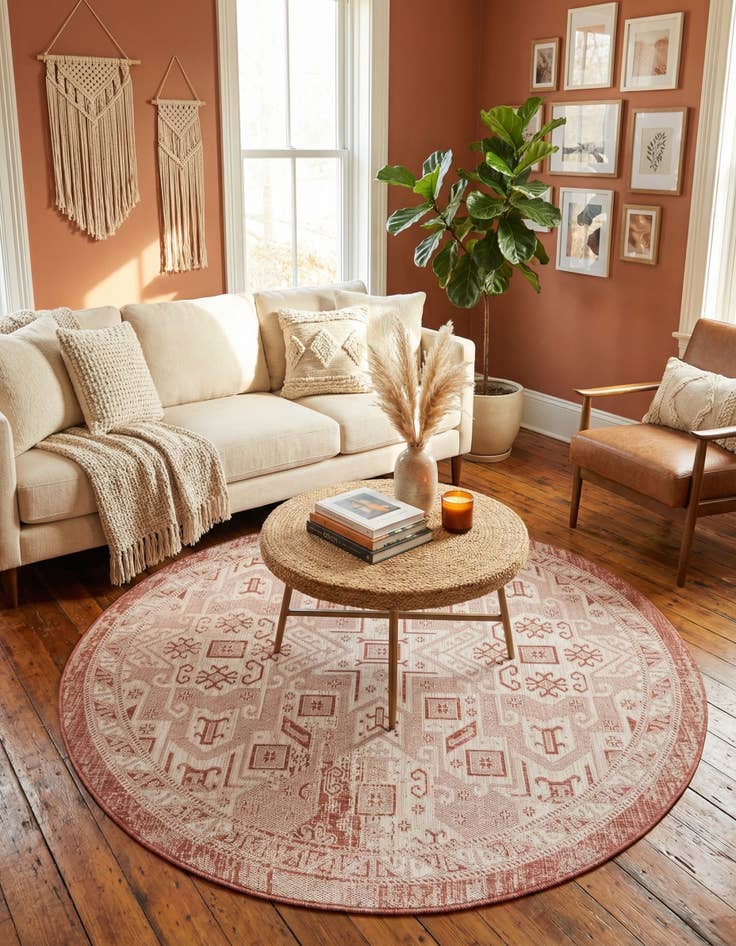 Detail image of 7' 10 x 7' 10  Washable Aztec Indoor / Outdoor Round Rug