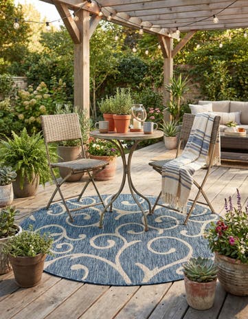 Blue Easy-Clean Botanical Indoor / Outdoor Round Rug
