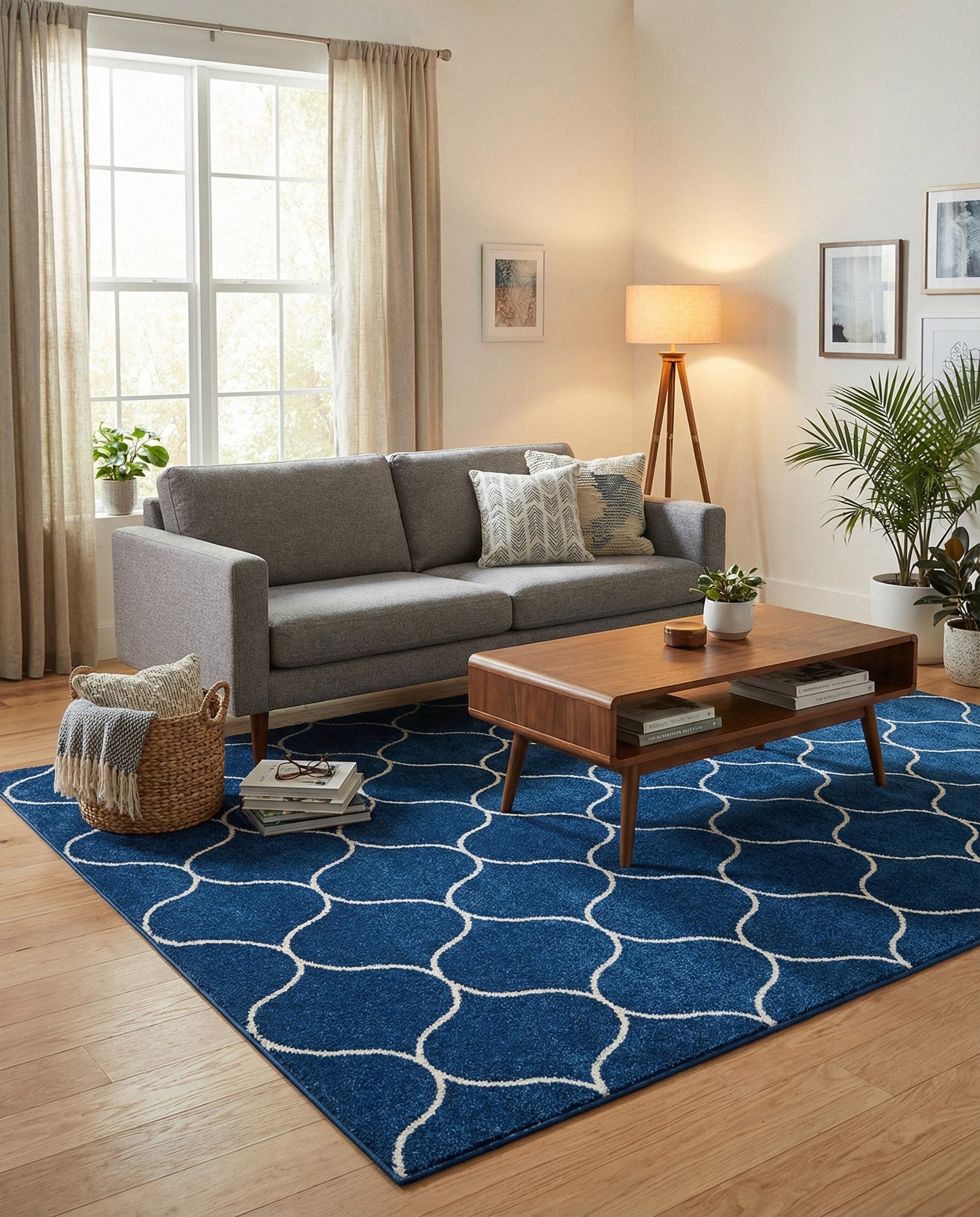 A 7x10 rectangular navy blue area rug with a repeating white modern trellis pattern.