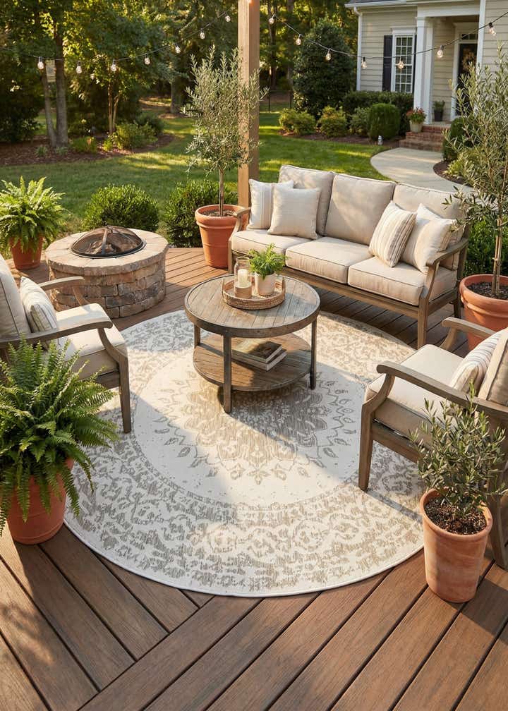 7' 10 x 7' 10 Easy-Clean Traditional Indoor / Outdoor Round Rug