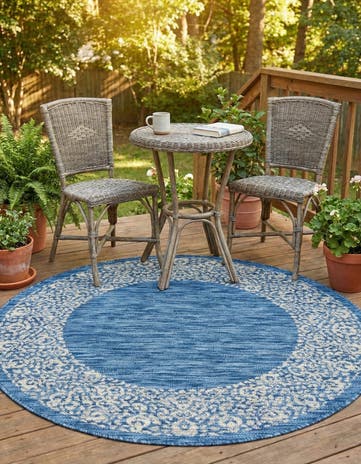 Blue Easy-Clean Border Indoor / Outdoor Round Rug