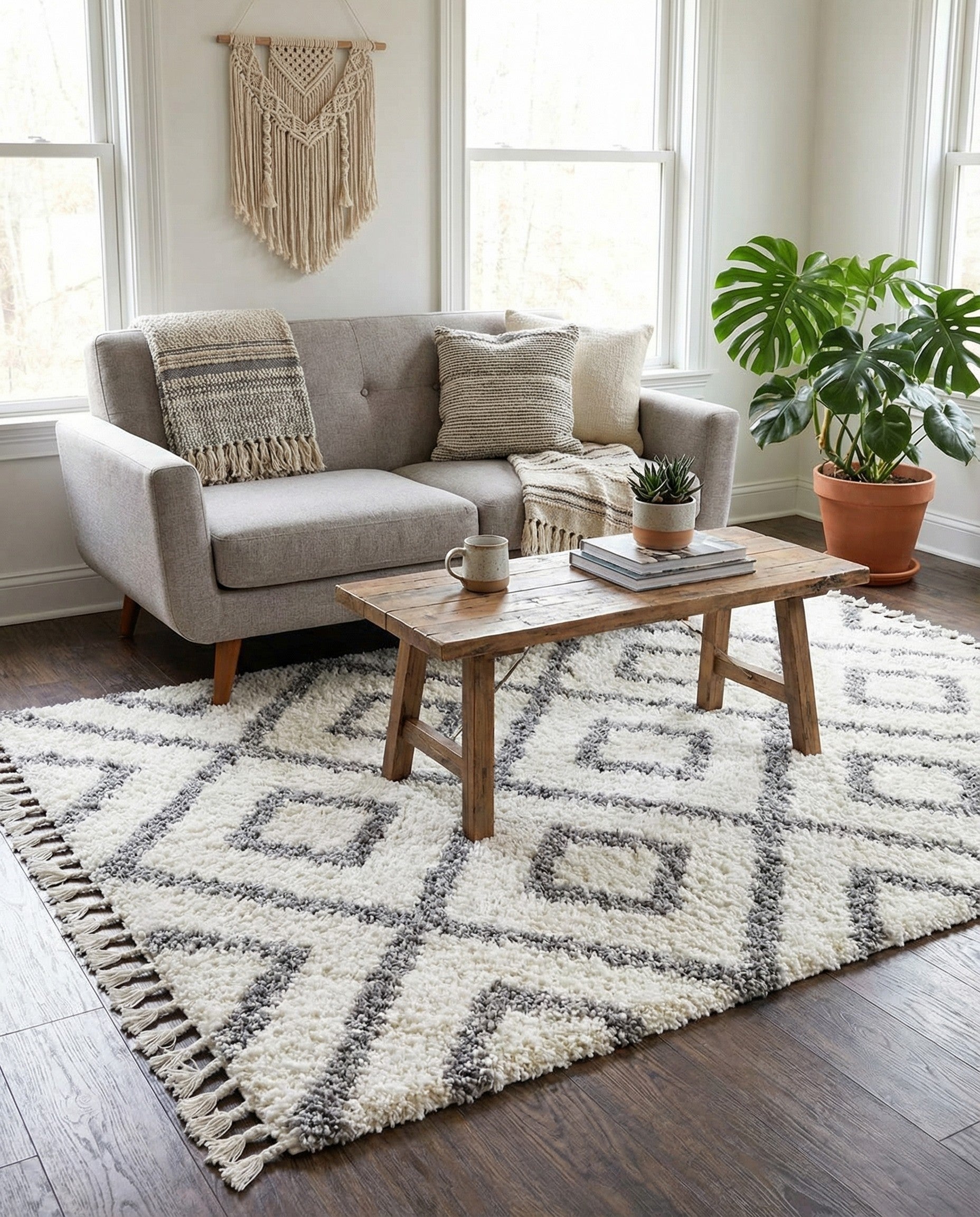A square ivory shag rug with a modern geometric diamond pattern in charcoal gray, featuring fringed edges.
