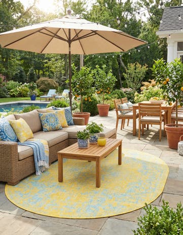 Yellow and Aqua Easy-Clean Jill Zarin Dubai Indoor / Outdoor Oval Rug
