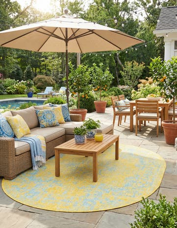 Yellow and Aqua Easy-Clean Jill Zarin Dubai Indoor / Outdoor Oval Rug